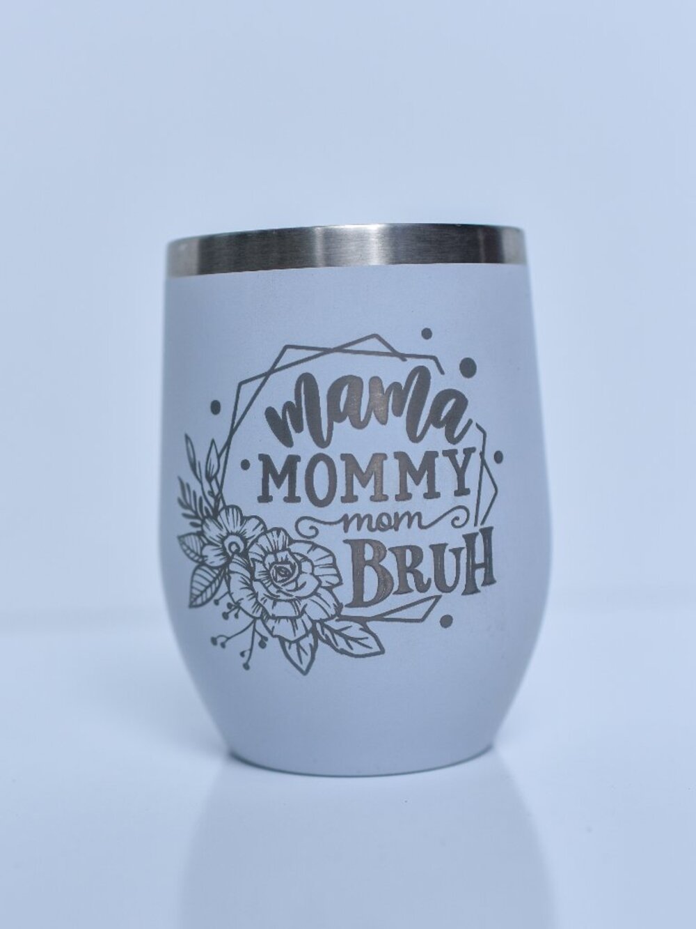 12oz Laser Engraved Stemless Wine Tumbler with Lid Mama Bruh Skeleton
